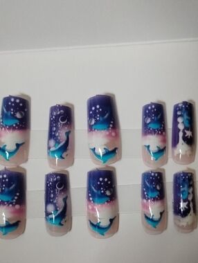 Hand-Painted Blue Dolphin Ombre Press-On Nails